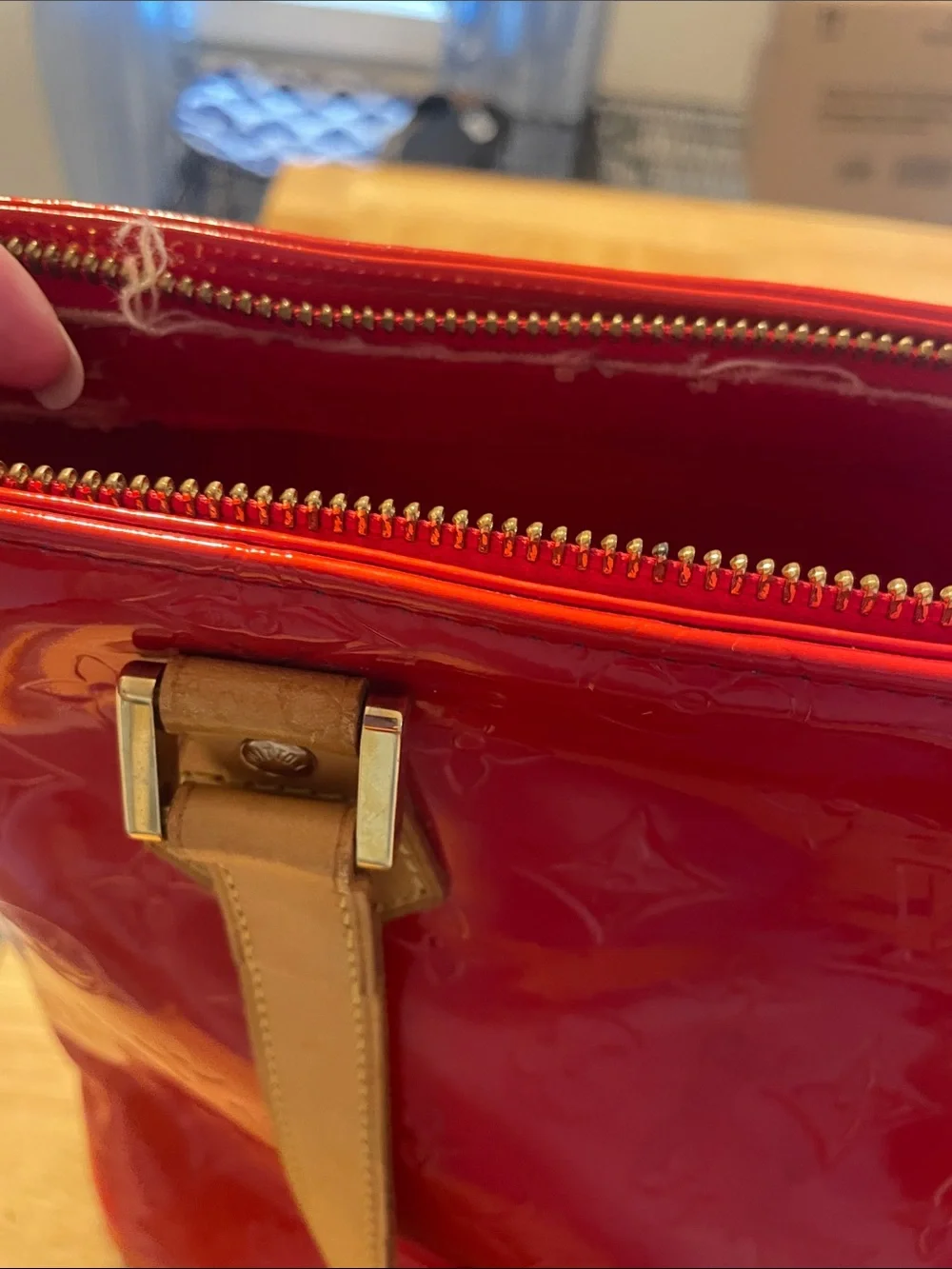 Louis Vuitton Red Vernis Patent Tote with Tan Vachetta Handles - Picture 14 of 15
